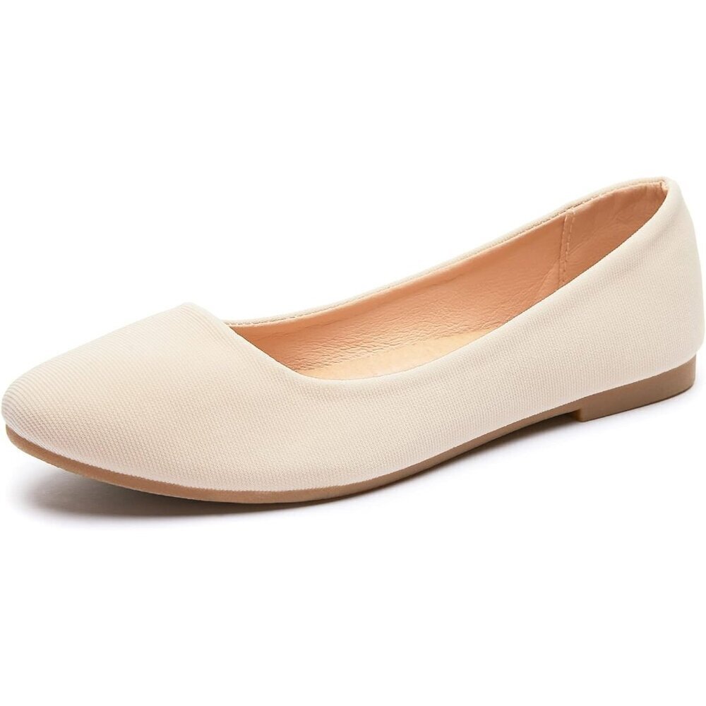 Obtaom Women Beige Faux Suede Textile Rounded Toe Slip on Ballet Flats Shoes